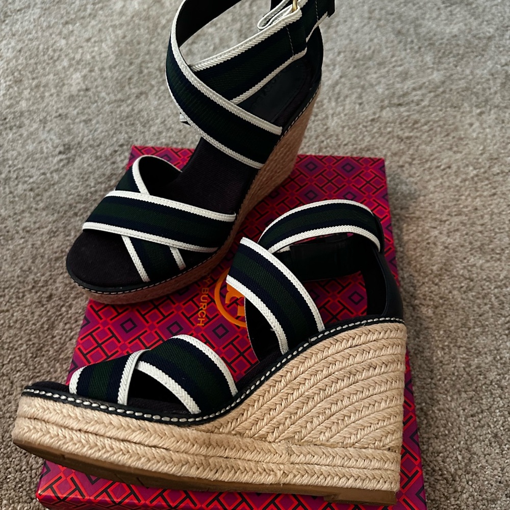 Tory Burch Navy and White Striped Espadrille Wedge Sandals